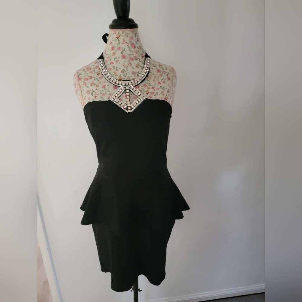 Elegant Black Halter RHINESTONE Dress Size Large